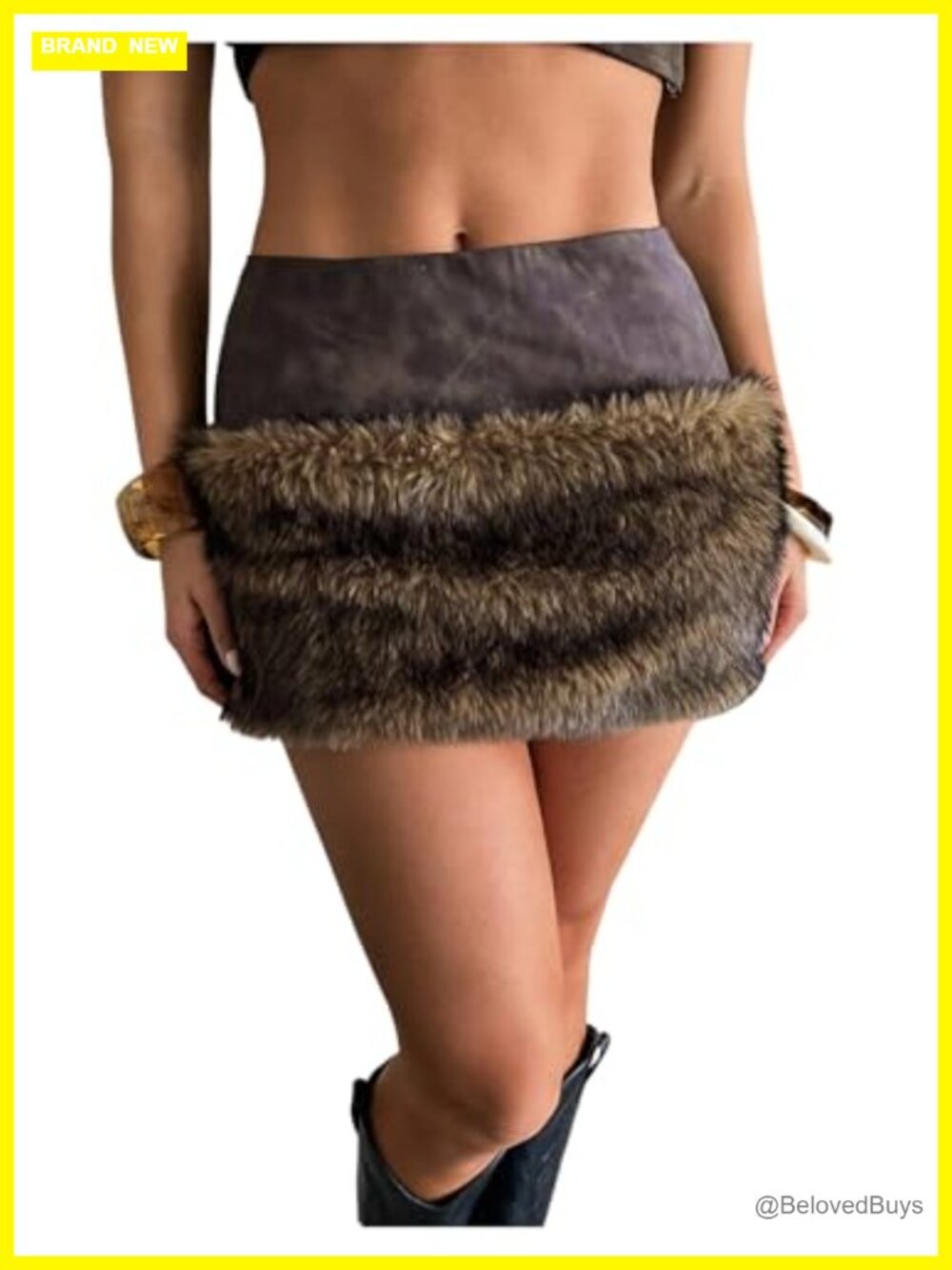 PU Leather Fuzzy Mini Skirt Low Waisted Bodycon Faux Fur Y2K